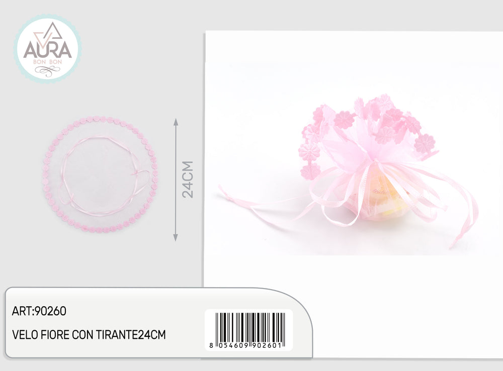 Velo portaconfetti fiore con tirante rosa 24 cm – Aura Party, 1 pz