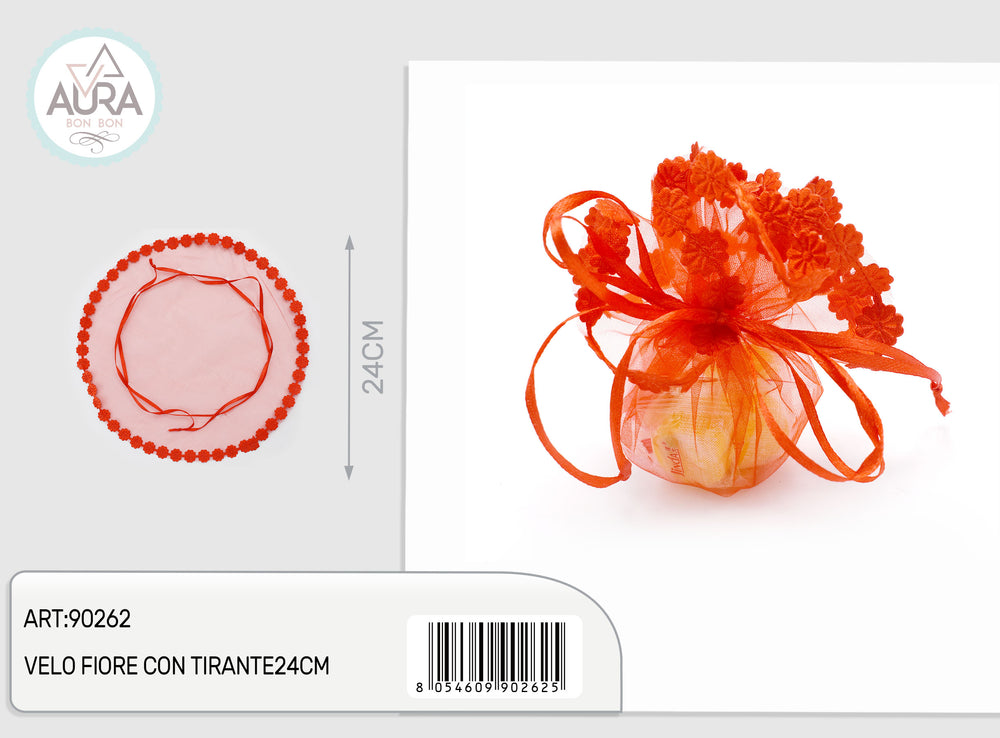 Velo portaconfetti fiore con tirante rosso 24 cm – Aura Party, 1 pz
