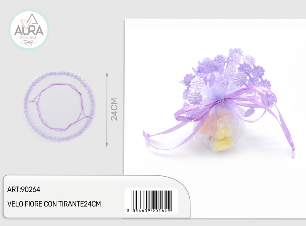Velo portaconfetti fiore con tirante lilla 24 cm – Aura Party, 1 pz