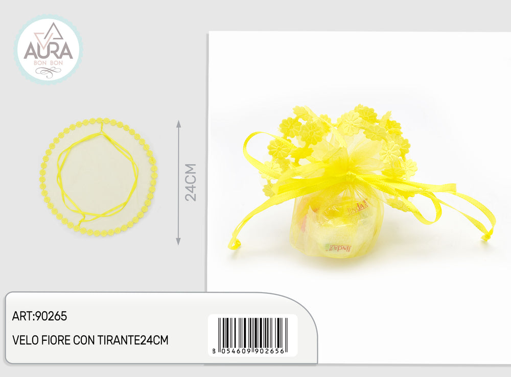 Velo portaconfetti fiore con tirante giallo 24 cm – Aura, 1 pz