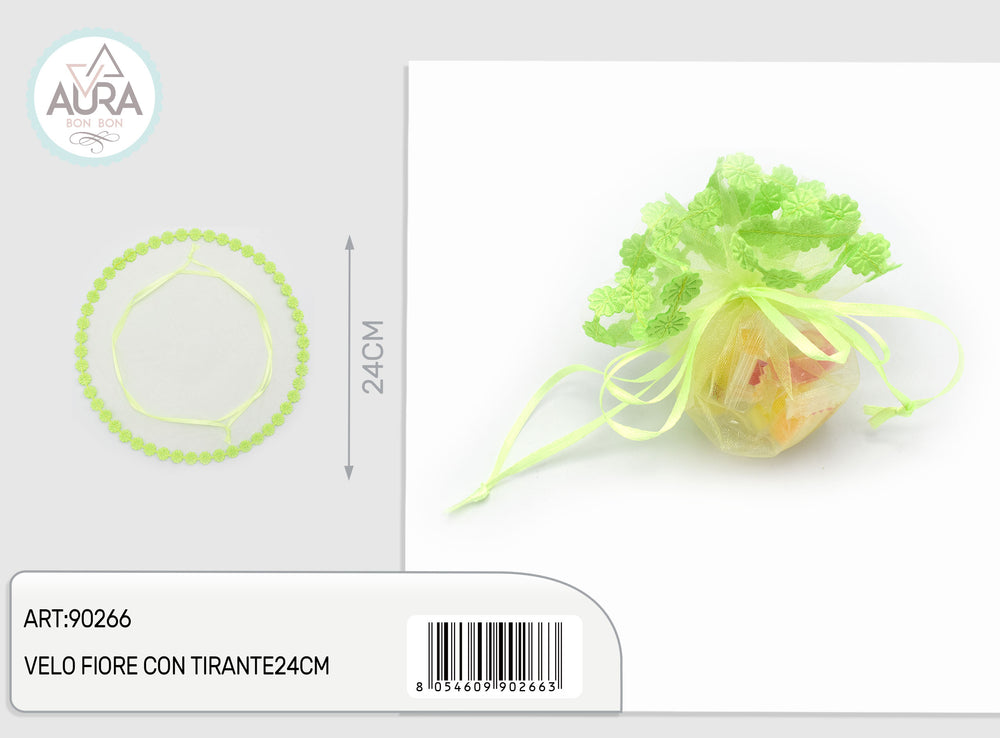Velo portaconfetti fiore con tirante verde chiaro 24 cm – Aura Party, 1 pz