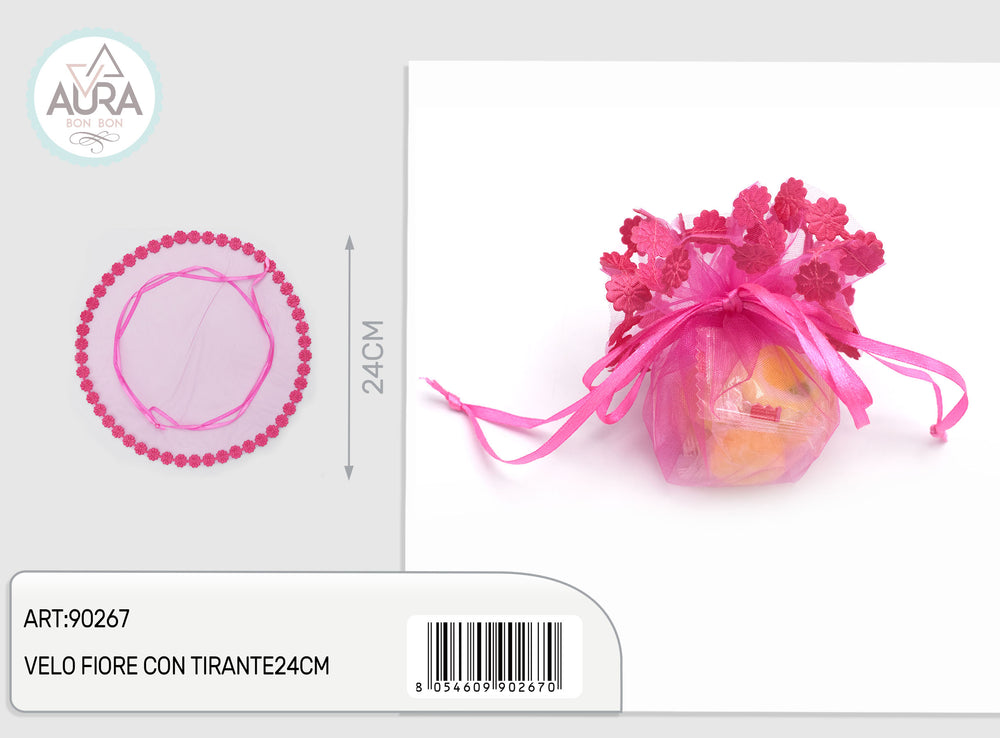 Velo portaconfetti fiore con tirante fucsia 24 cm – Aura, 1 pz
