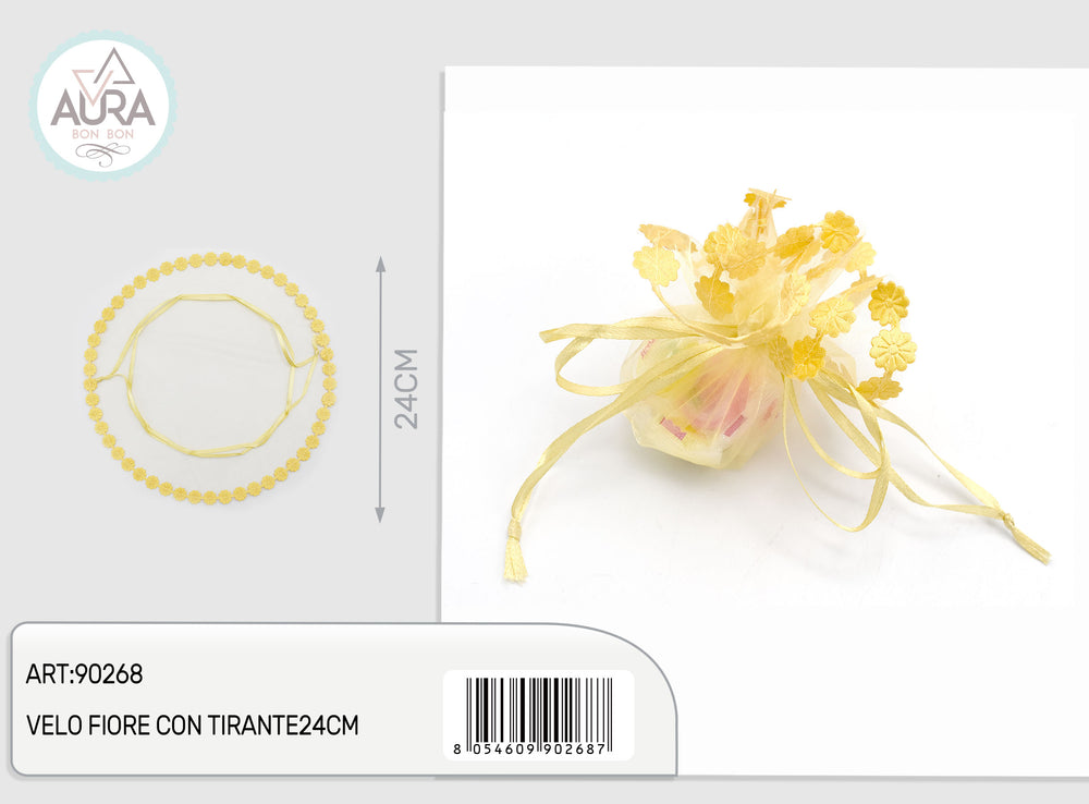 Velo portaconfetti fiore con tirante oro 24 cm – Aura Party, 1 pz