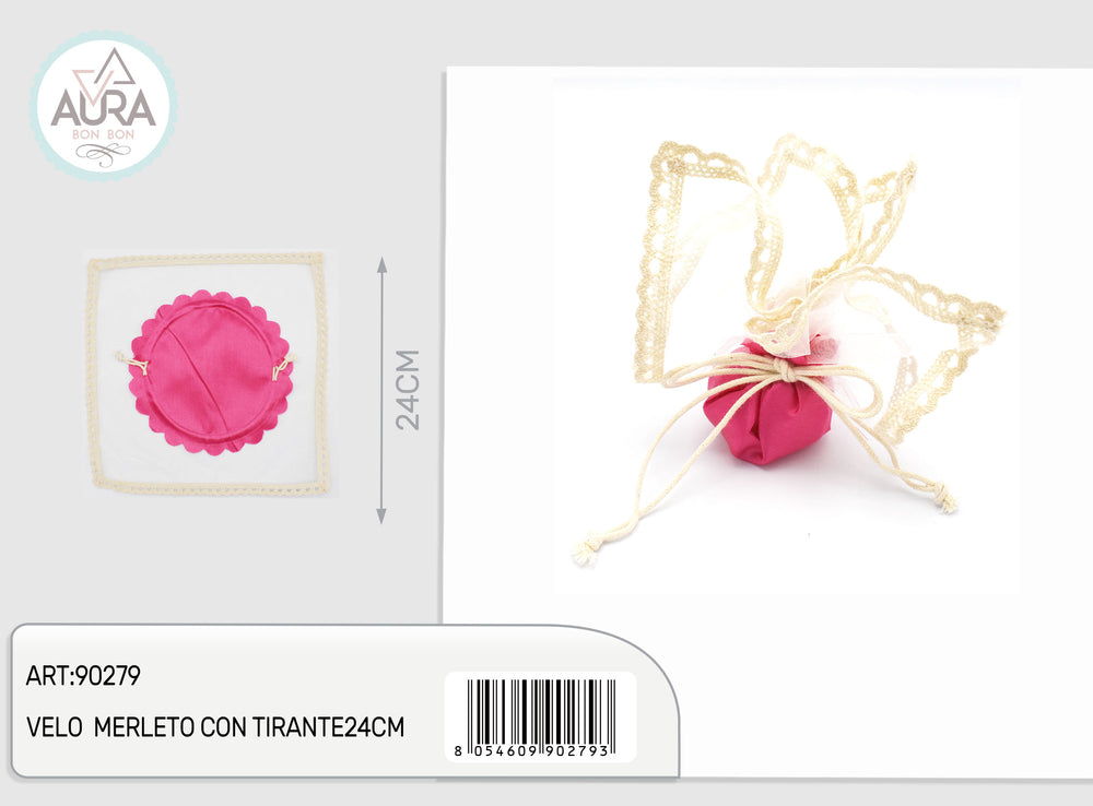 Lace veil with 24cm fuchsia drawstring