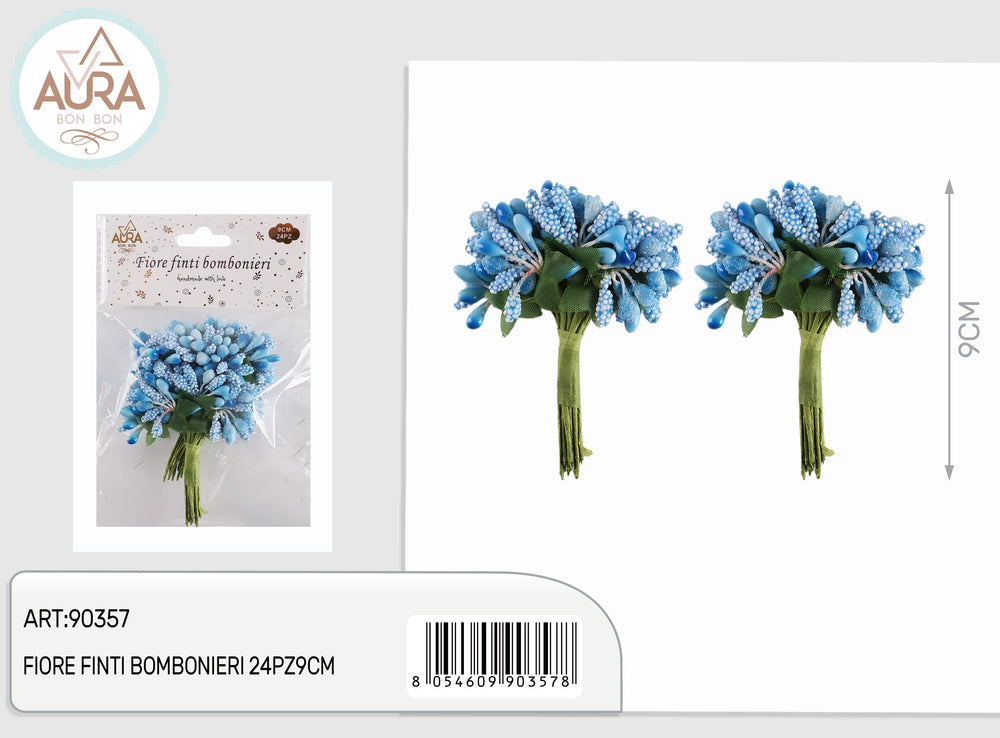 Artificial flowers for light blue party favors, 24 pieces, 9 cm