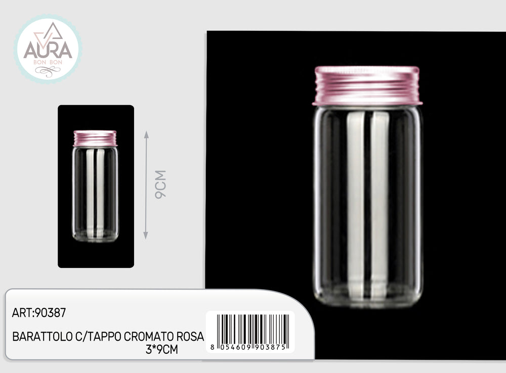 Glass jar with pink chrome lid 3x9cm