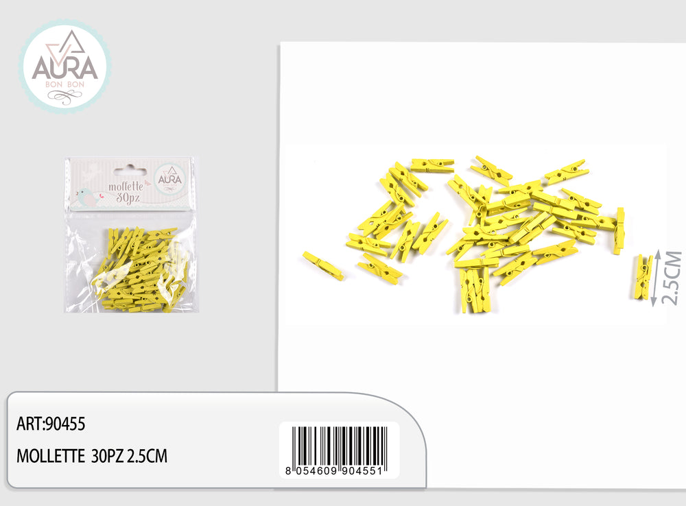 Mollette in legno giallo 2,5 cm – Aura, 30 pz