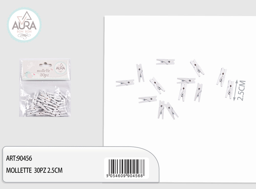 Mollette in legno bianco 2,5 cm – Aura, 30 pz