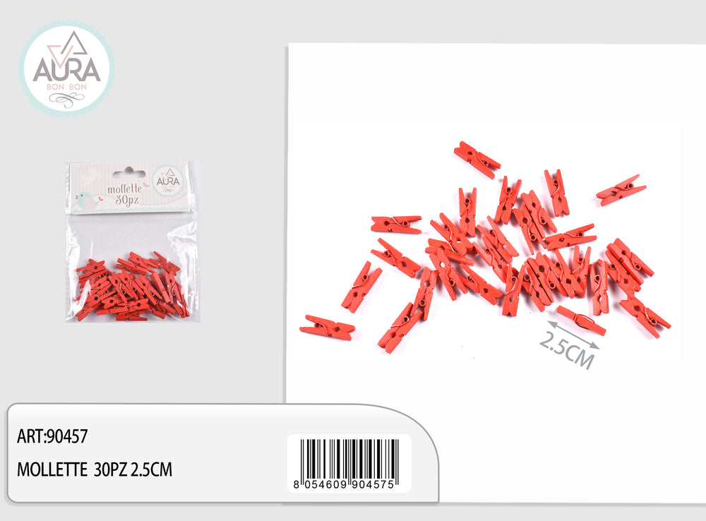 Mollette in legno rosso 2,5 cm – Aura, 30 pz
