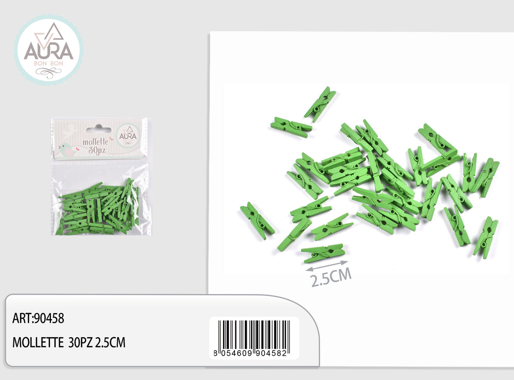 Mollette in legno verde 2,5 cm – Aura, 30 pz