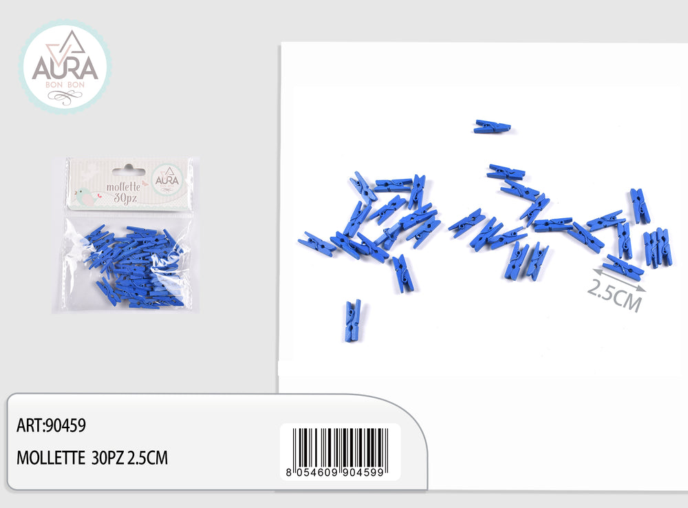 Mollette in legno blu 2,5 cm – Aura, 30 pz