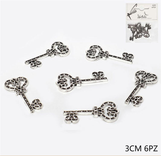6 pcs 3cm silver colored metal key pendant