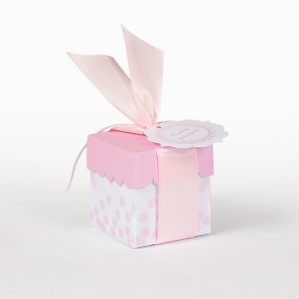 Box with pink lid and pink polka dot tray base 5x5x5.5cm