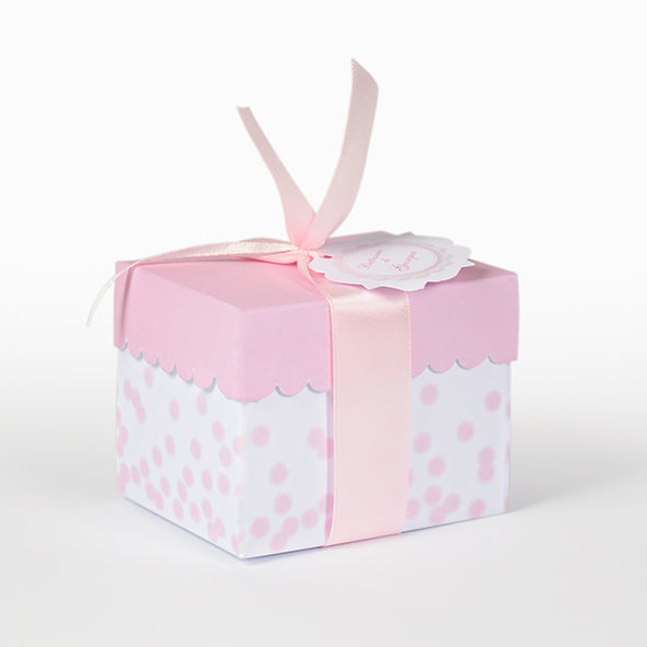 Small box with pink lid and pink polka dot tray base 9x7x7cm