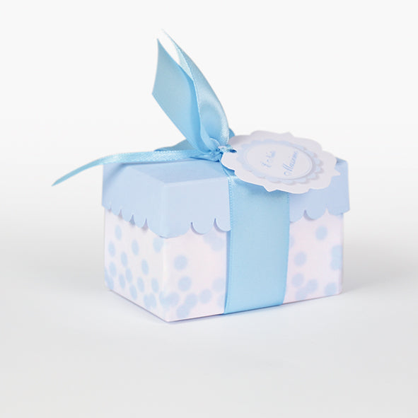 Box with light blue lid and light blue polka dot tray base 8x5x5.5