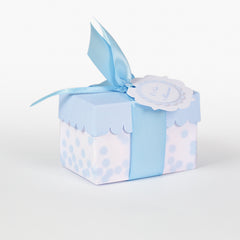 Box with light blue lid and light blue polka dot tray base 8x5x5.5