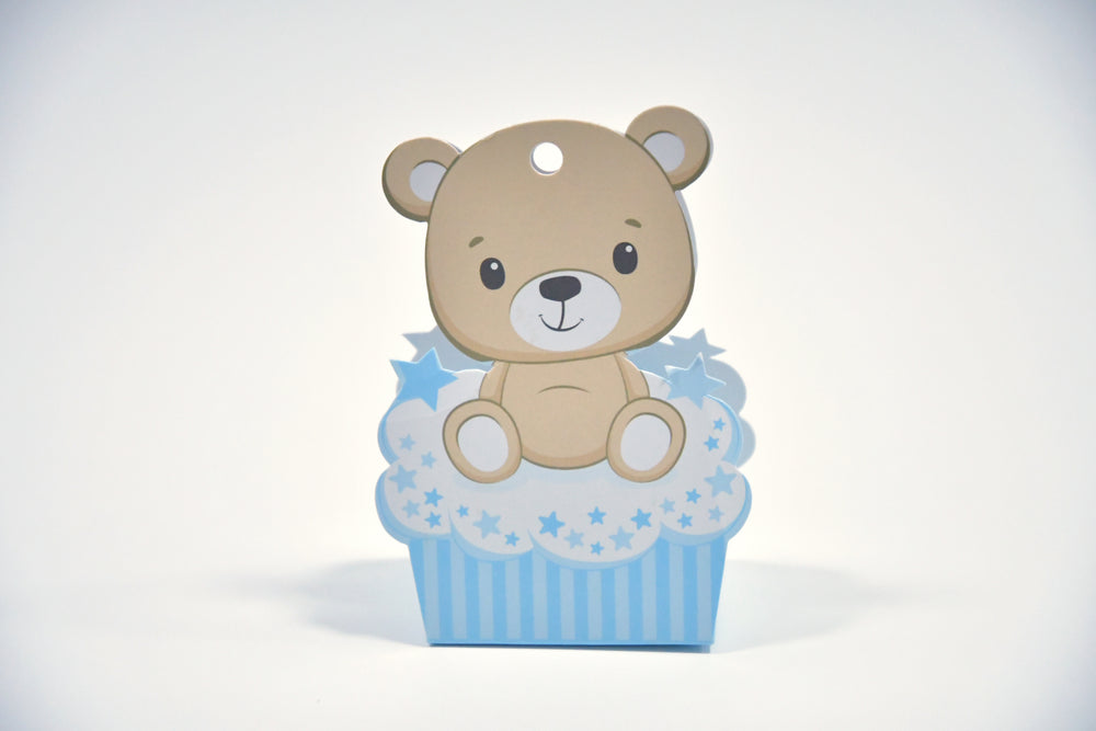 Teddy bear-shaped box with a light blue star