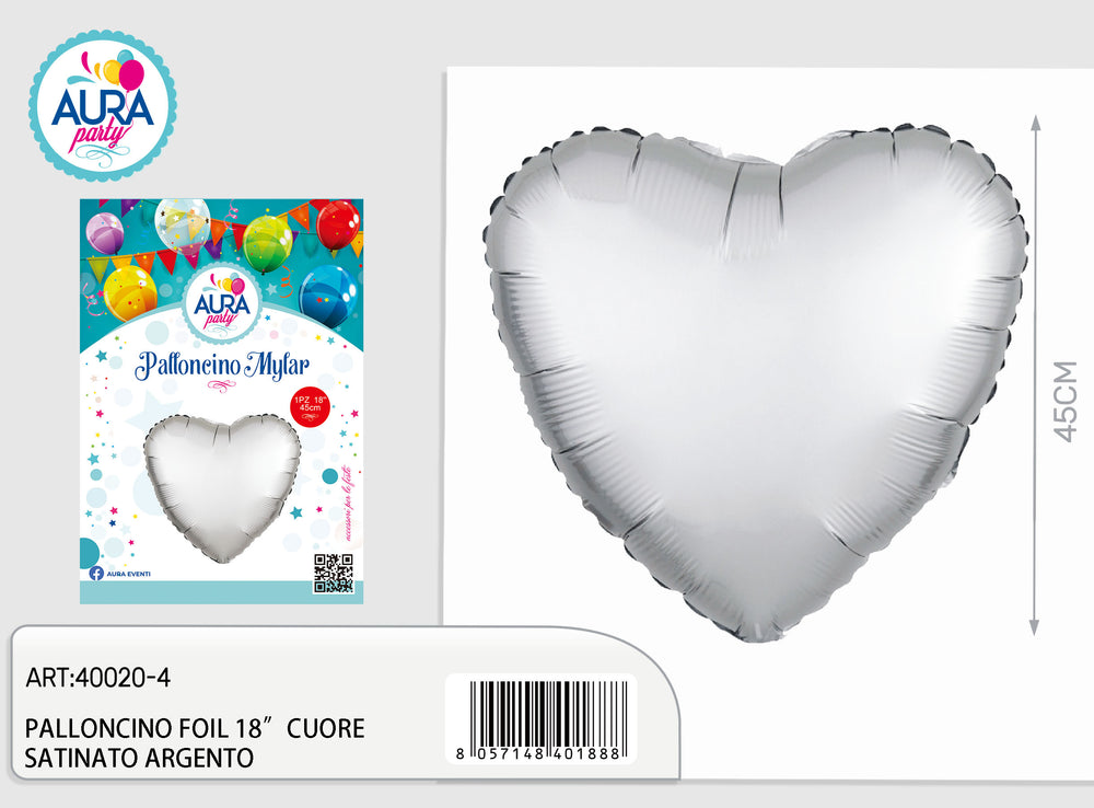 Palloncino in Foil a Forma di Cuore Satinato Argento 18" (45 cm)