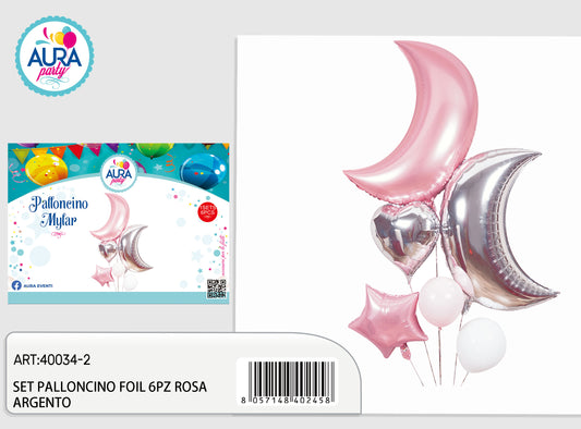 set palloncino foil 6pz rosa/argento