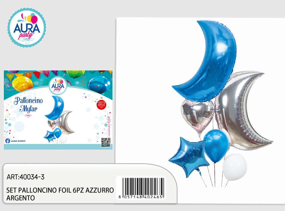 6-piece blue/silver foil balloon set