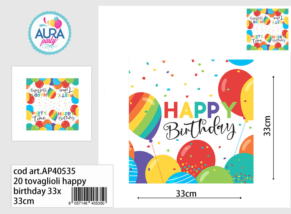 16 multicolored happy birthday napkins 33x33cm