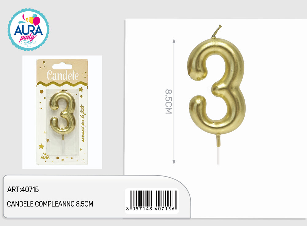 3 gold 8.5cm birthday candles