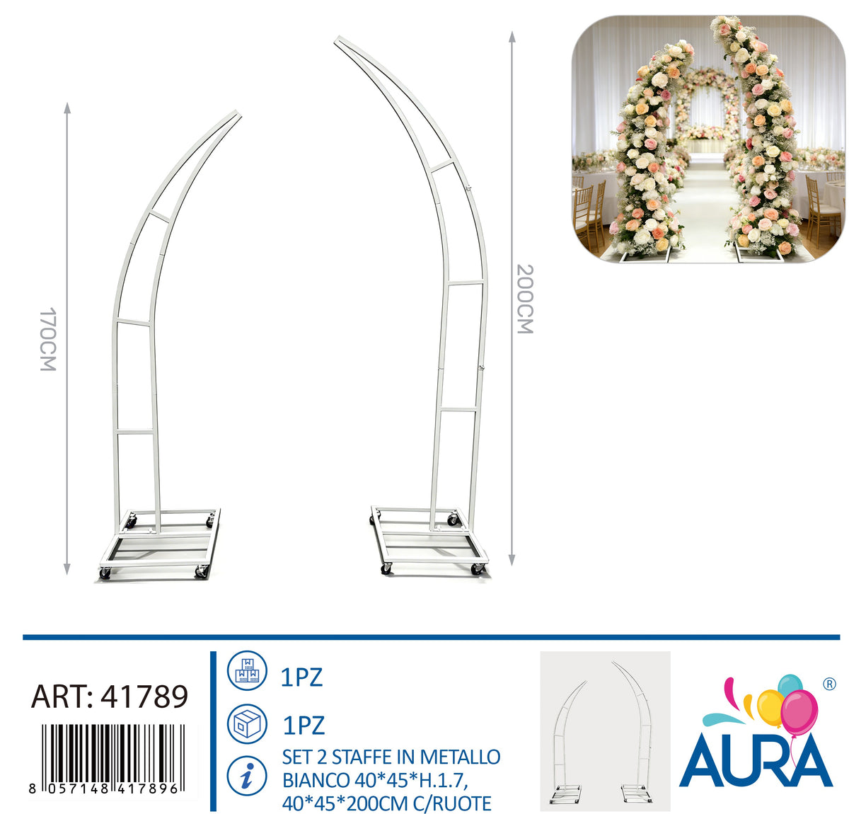 Set 2 staffe in metallo bianco 40x45x170cm e 40x45x200cm con ruote