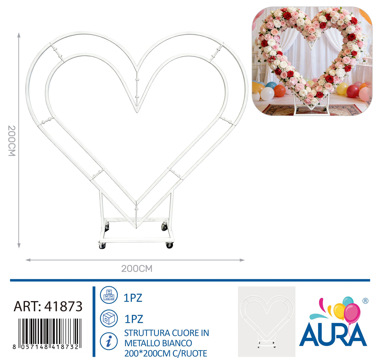 Struttura cuore bianco in metallo 200x200cm con ruote
