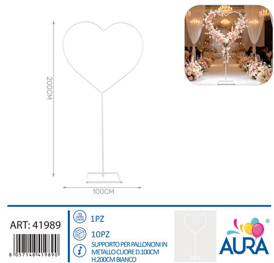 Supporto per palloncini in metallo cuore d.100x200cm bianco bianco