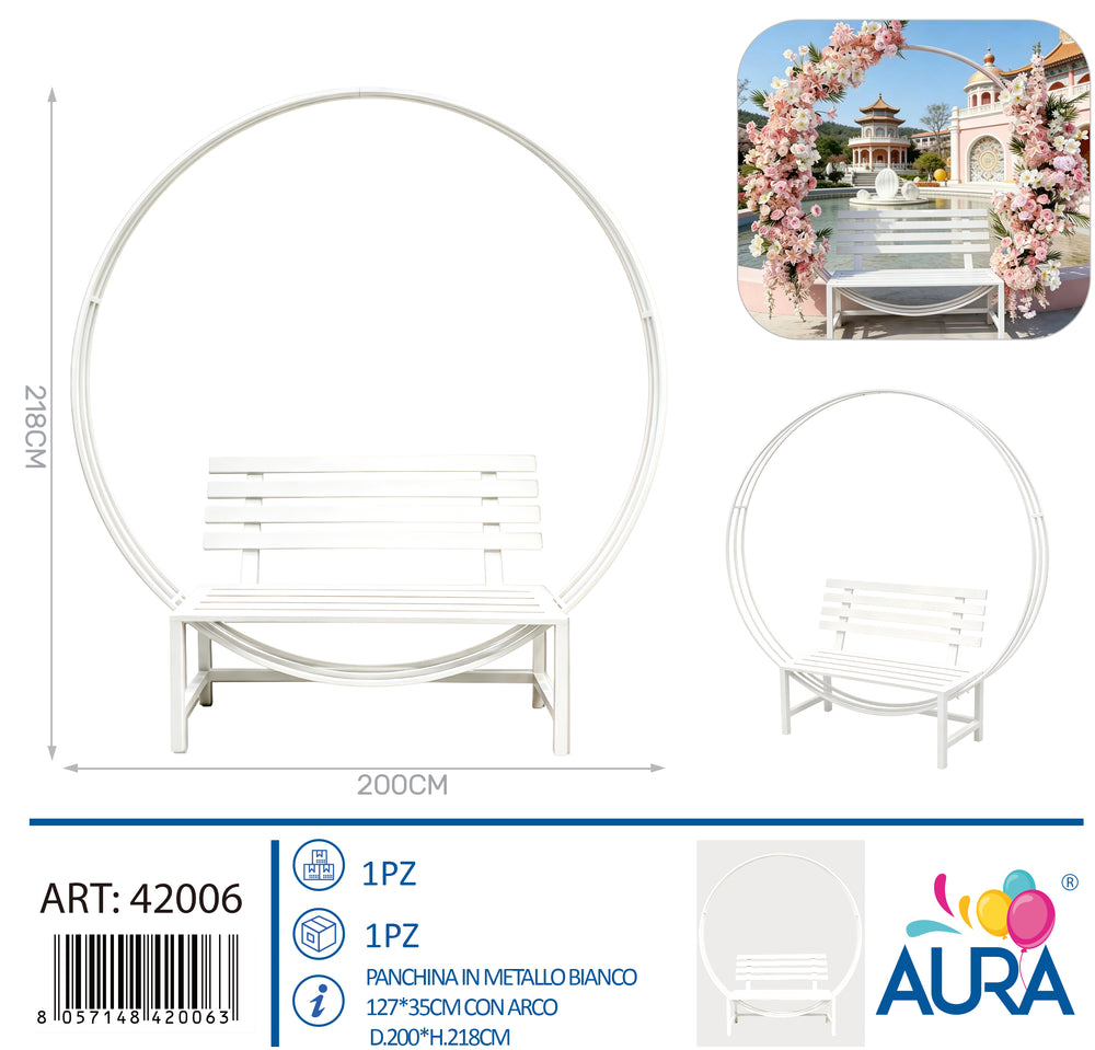Panchina scenografica in metallo bianca con arco – Aura, 1 pz