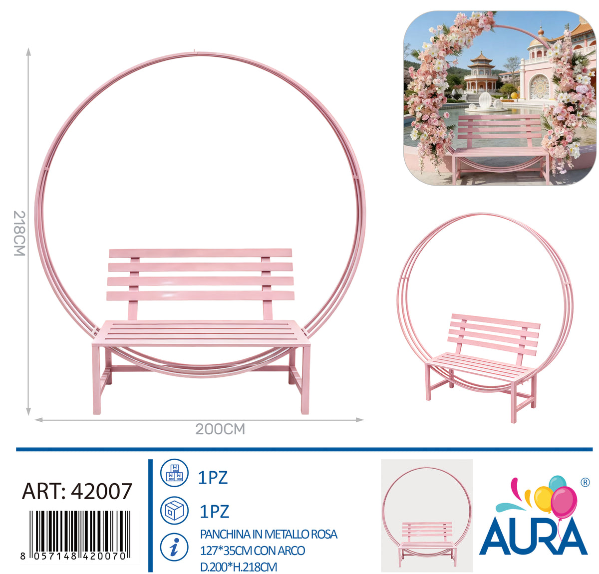 Panchina scenografica in metallo rosa con arco – Aura, 1 pz