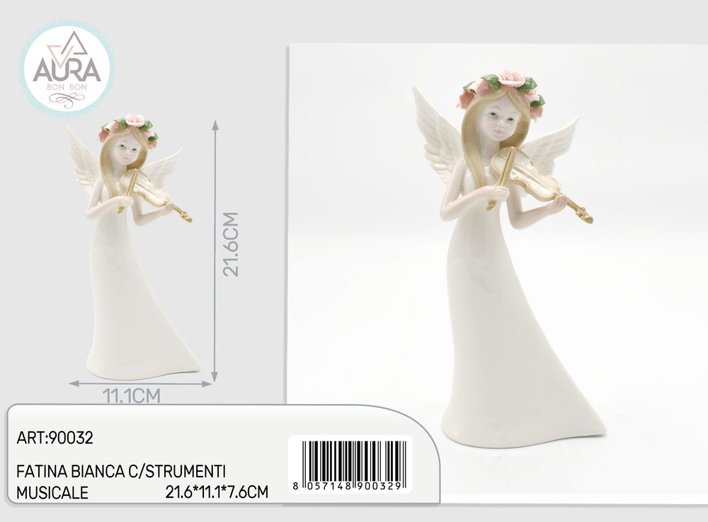 White fairy with musical instruments 21.6x11.1x7.6cm