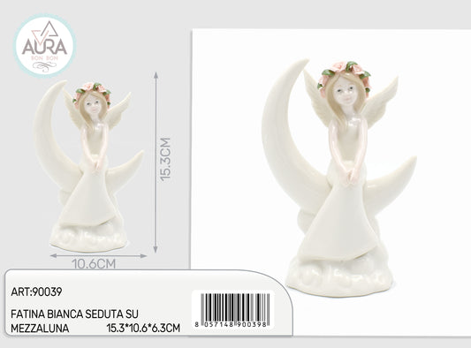 Fatina bianca seduta su mezzaluna 15,3x10,6x6,3cm