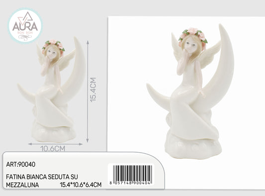 Fatina bianca seduta su mezzaluna 15,4x10,6x6,4cm
