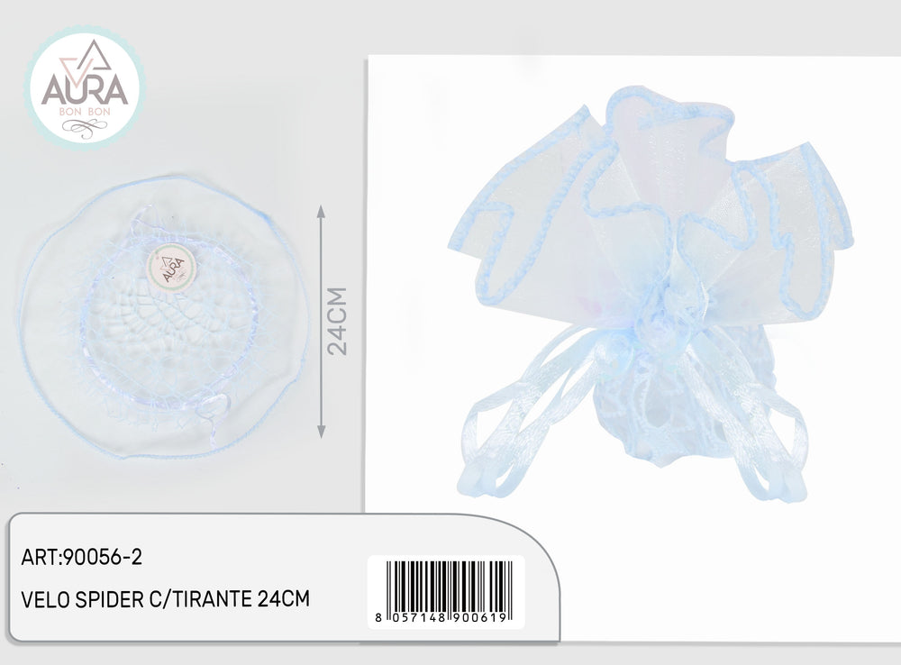 Spider veil confetti holder with light blue drawstring 24cm