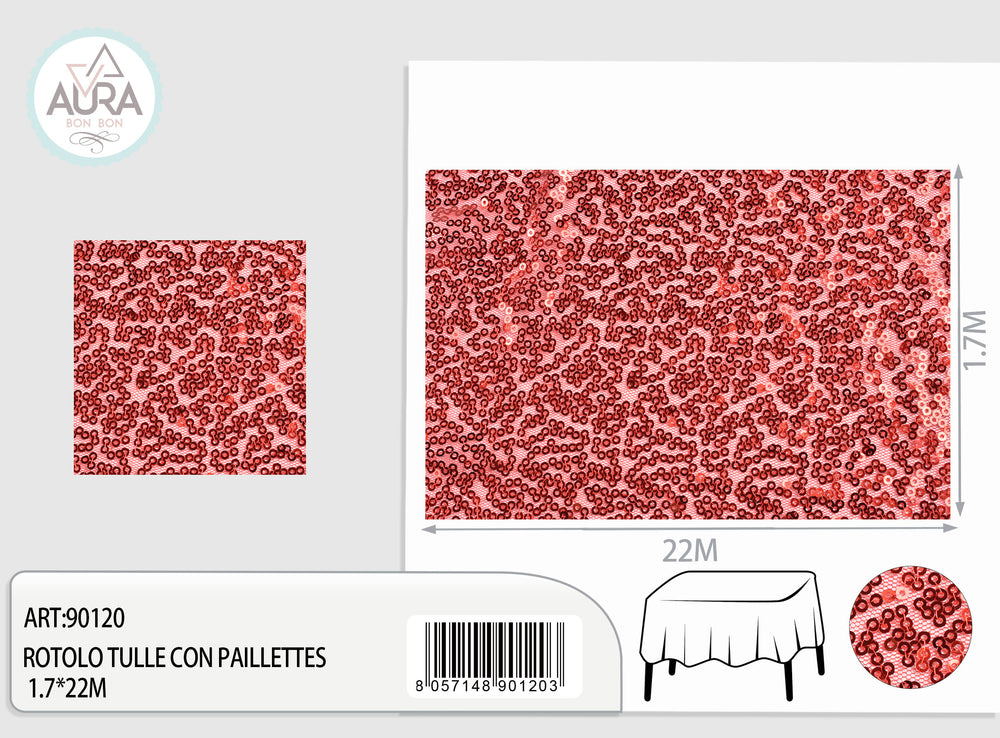 Tulle con paillettes 1,7m di larghezza rosso