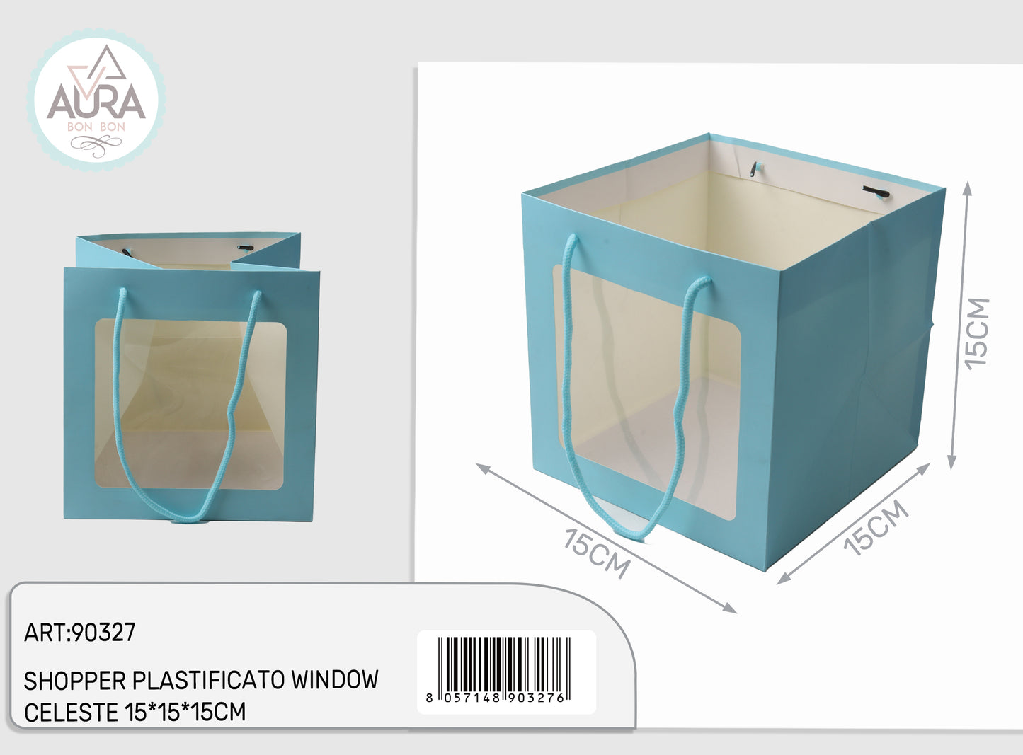 Shopper plastificata con finestra 15x15x15cm celeste