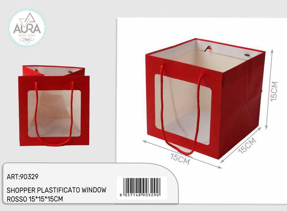 Plastic shopping bag with window 15x15x15cm red