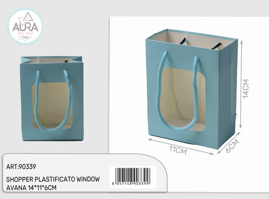 Shopper plastificata con finestra 11x6x14cm celeste