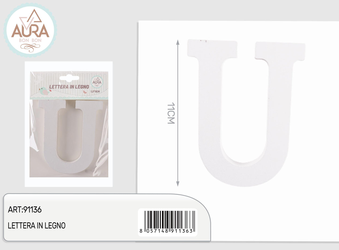 lettera in legno U 1,2x11cm bianco