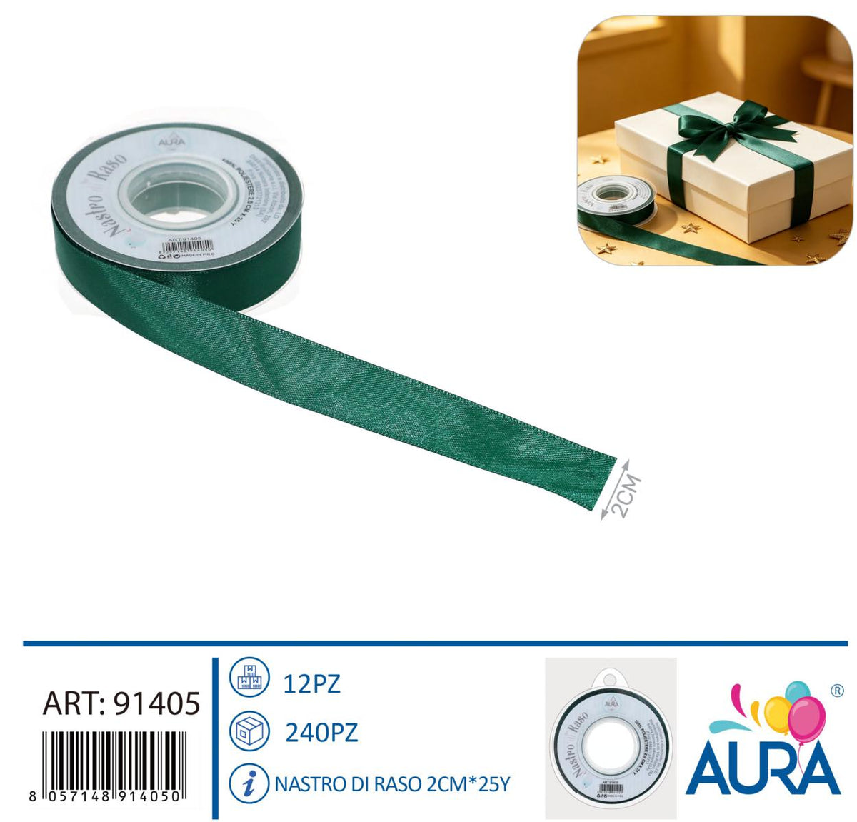 Nastro di raso 2cm x 25y verde foresta