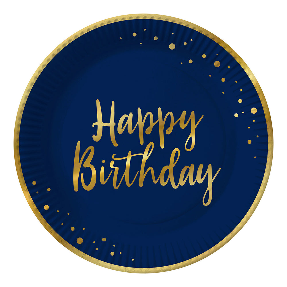 8 blue happy birthday plates 23cm