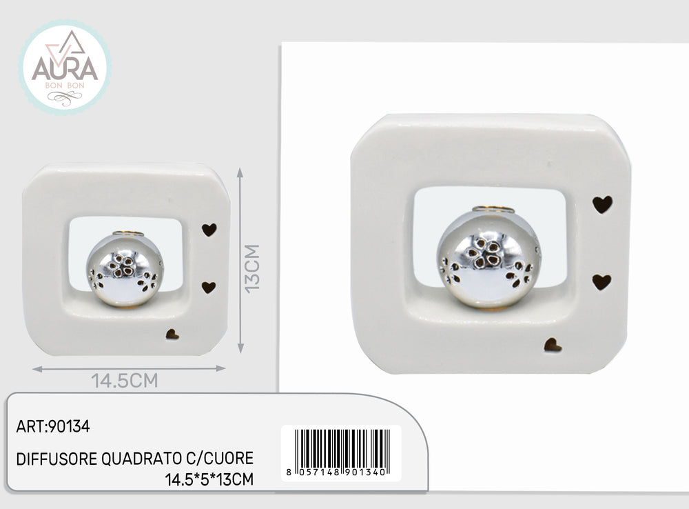 Square diffuser with white heart 14.5x5x13 cm