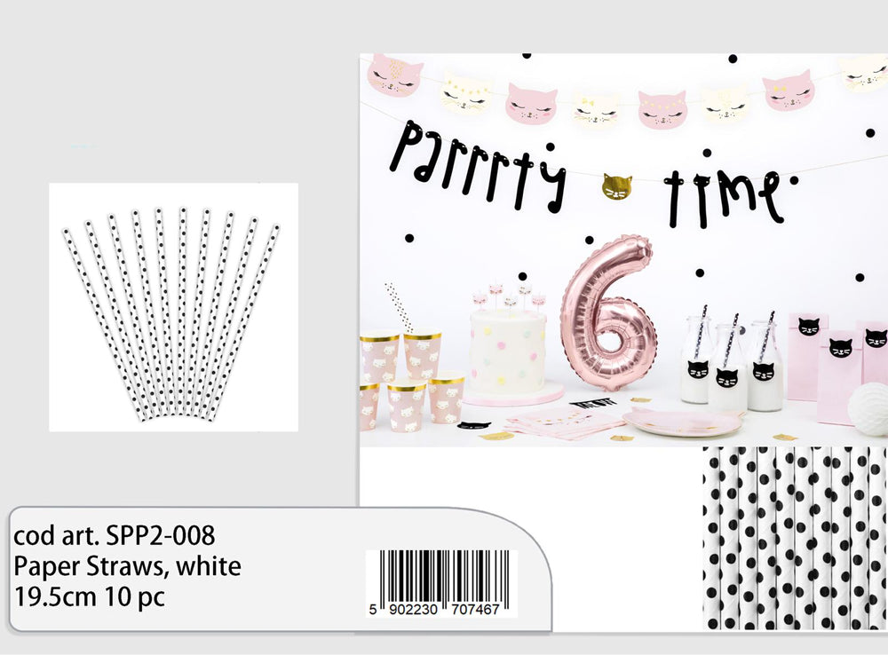 White straws with black polka dots 19.5cm 10pcs