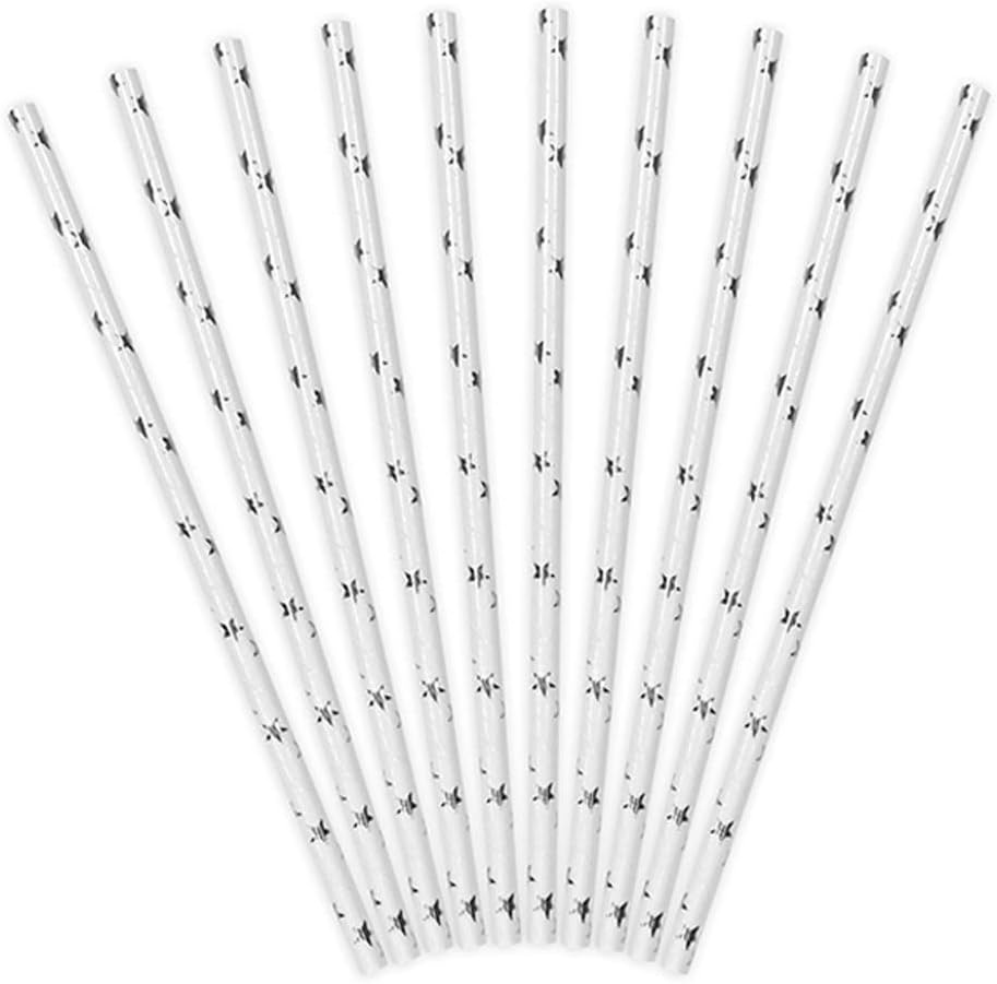 White straws with silver stars, 19.5 cm, 10 pieces