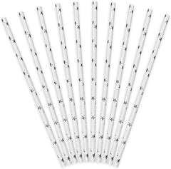 White straws with silver stars, 19.5 cm, 10 pieces