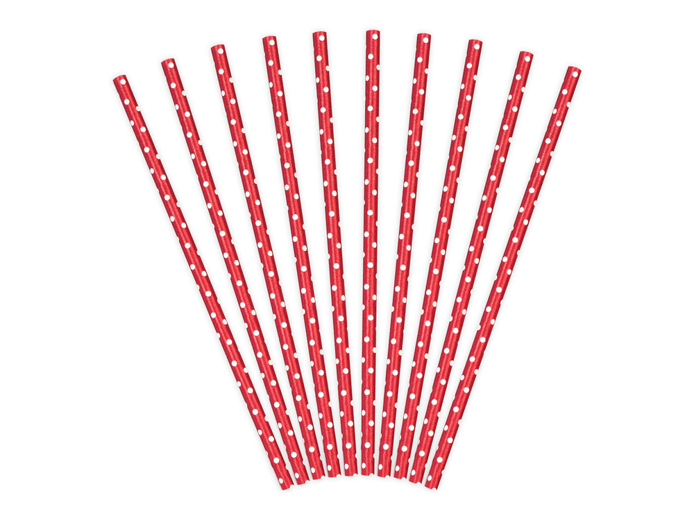 Red straws with white polka dots 19.5cm 10pcs