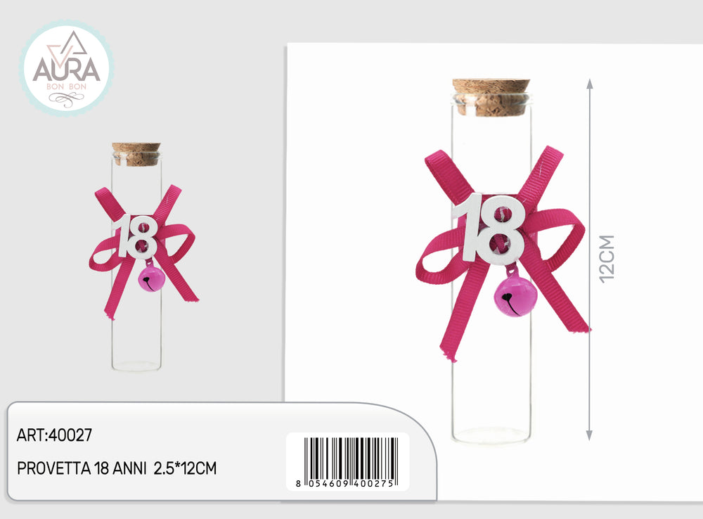 Provetta in vetro 18 anni con campanello 2,5x12cm fuxia