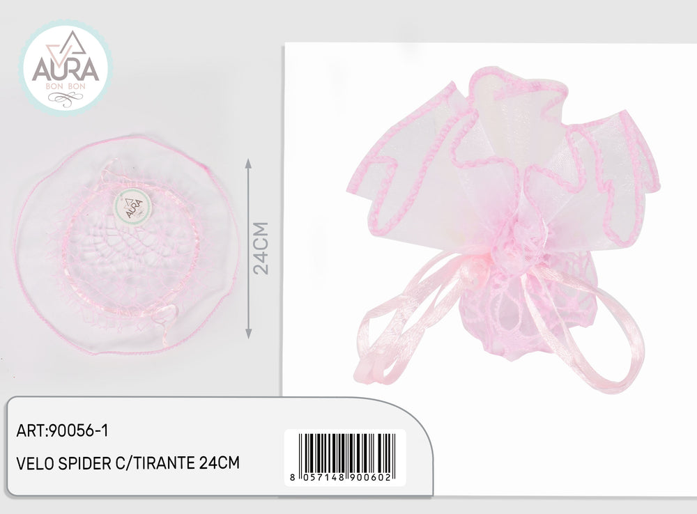Spider veil confetti holder with pink drawstring 24cm