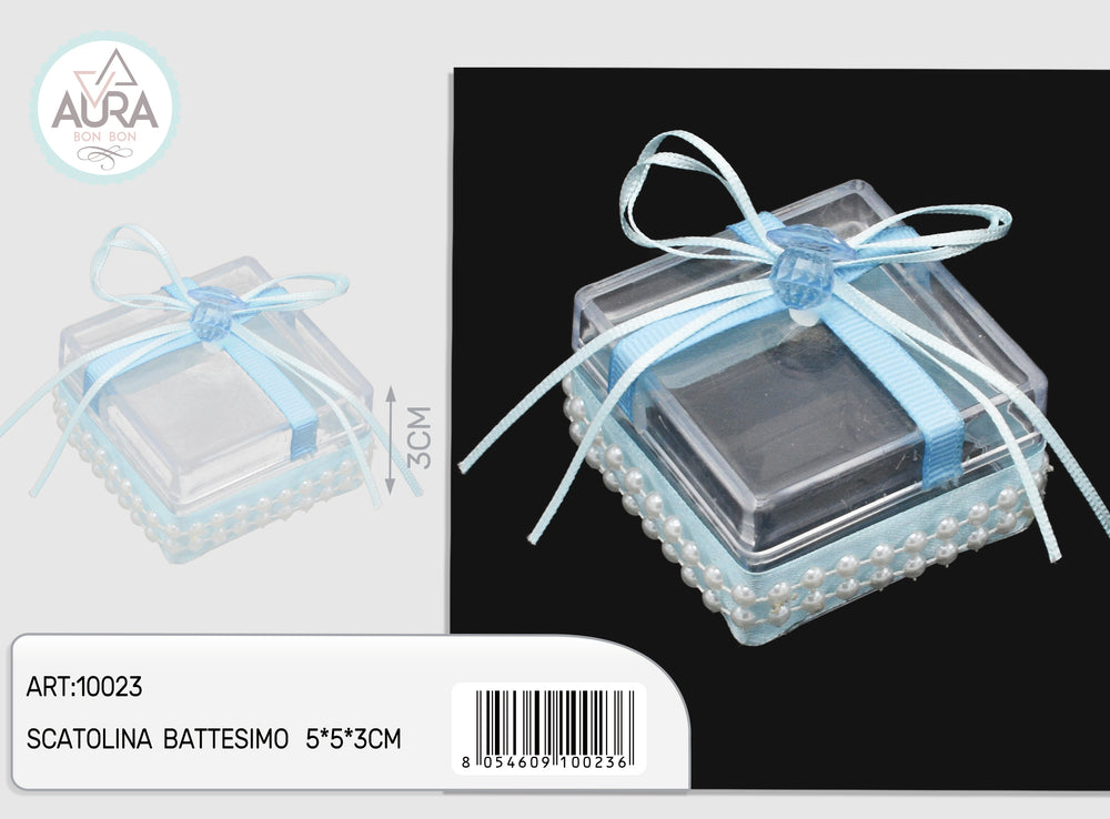 Scatolina quadrata trasparente con ciuccio azzurro – Aura, 1 pz